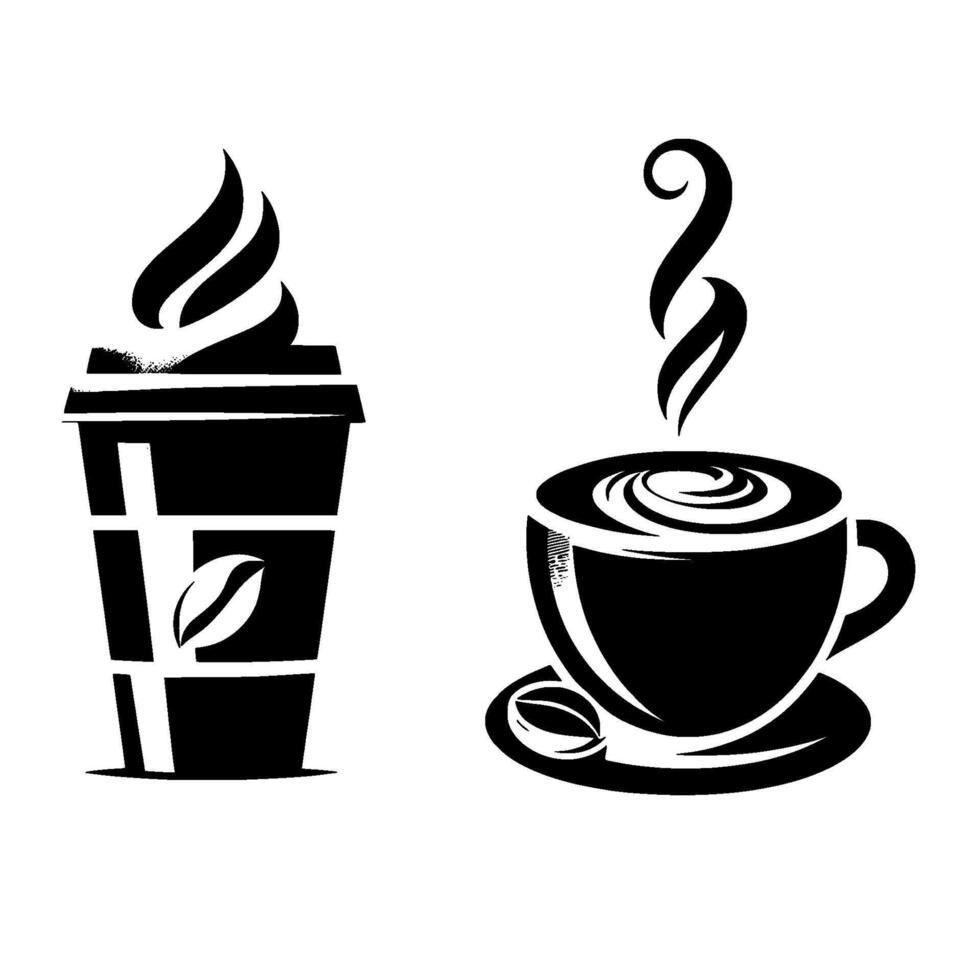 Minimalist Monochrome Coffee Illustration A disposable cup and a traditional mug, with bean details, showcasing steam and swirls. vector