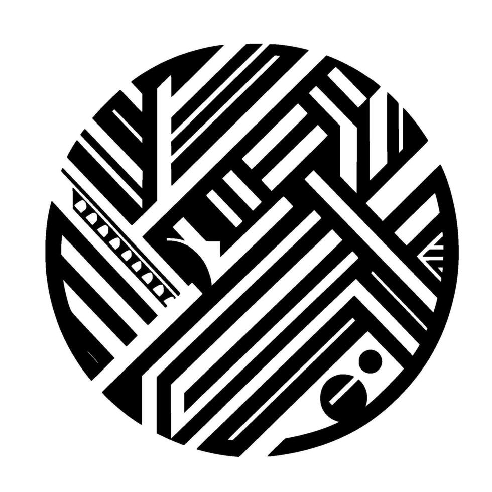 A symmetrical black and white circular geometric art piece, composed of interwoven lines, shapes and patterns. vector