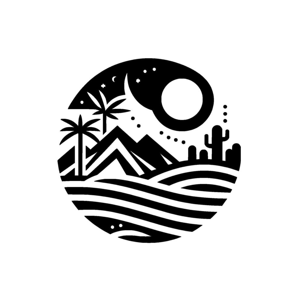Stylized black and white desert scene enclosed in a circle, featuring a crescent moon, stars, palm trees, mountains, and a cactus under a full moon, with wavy lines representing dunes. vector