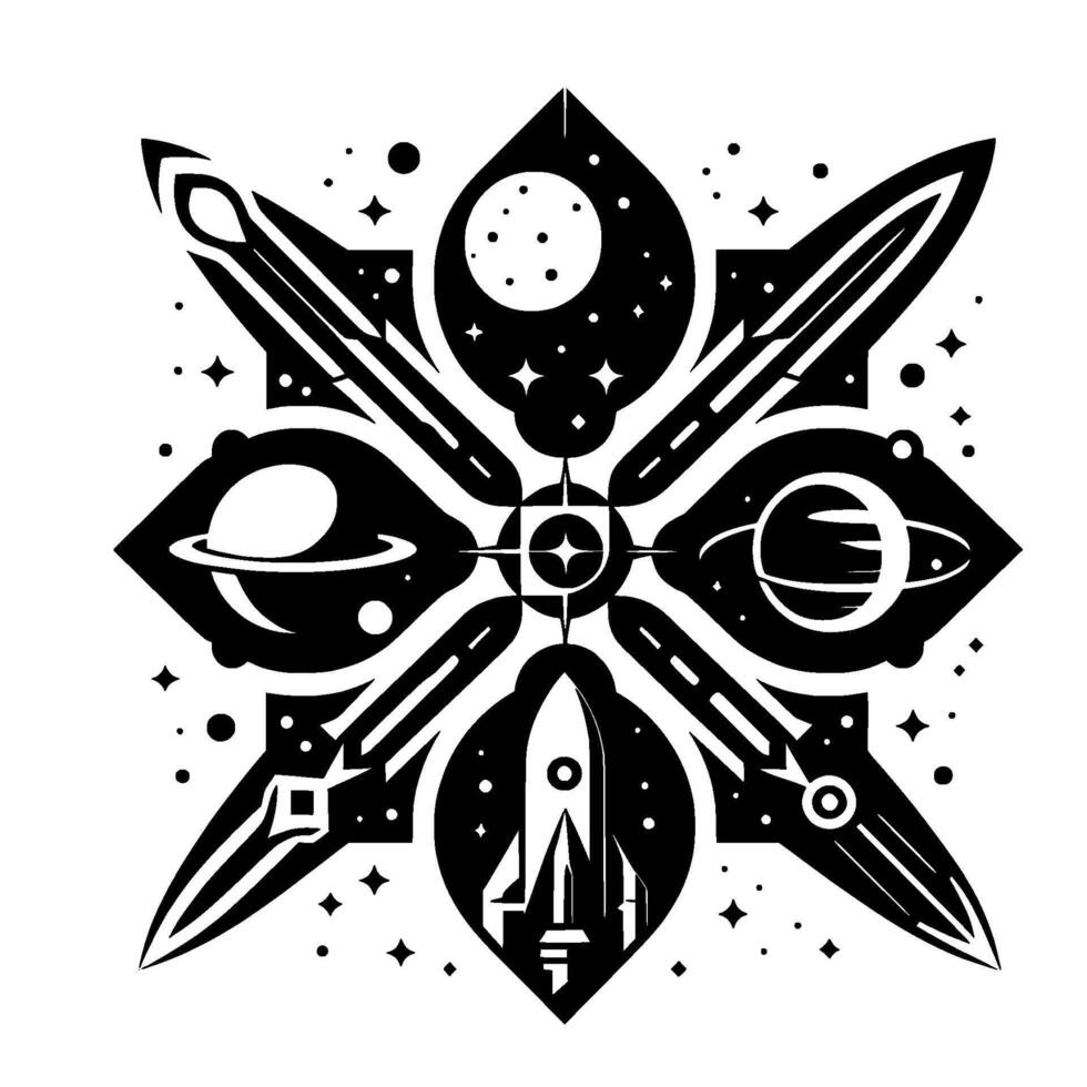 Intricate blackandwhite spacethemed featuring planets, rockets, stars, moons, and geometric shapes in a symmetrical arrangement. vector