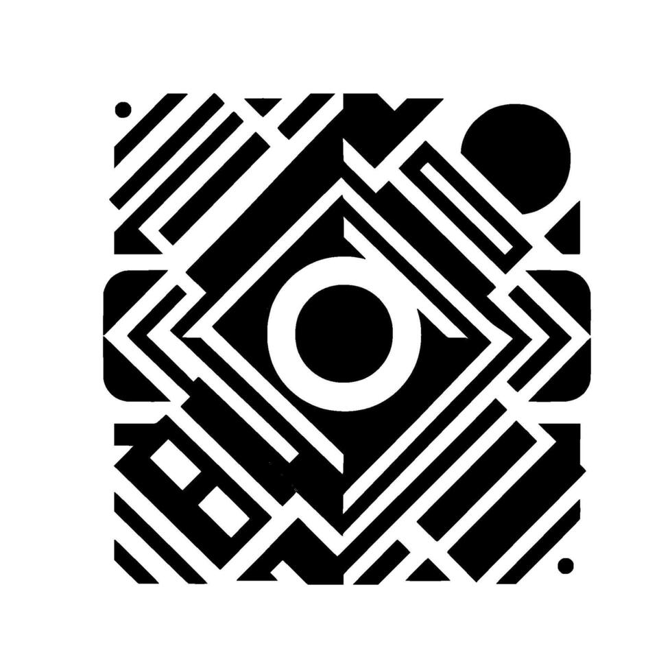 Geometric Abstract Composition in Black, White, and Gray Concentric Shapes, Striped Lines, and a Central Circle within a Square Format. vector