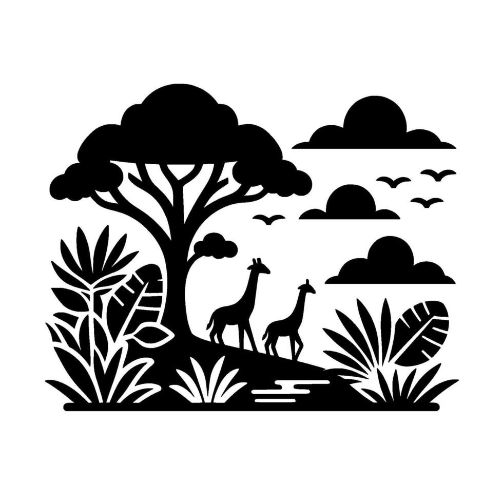 Black and White Silhouette of a Savanna Scene Featuring Two Giraffes, a Tree, Clouds, Birds, and Lush Foliage, Depicting Wildlife in its Natural Habitat. vector