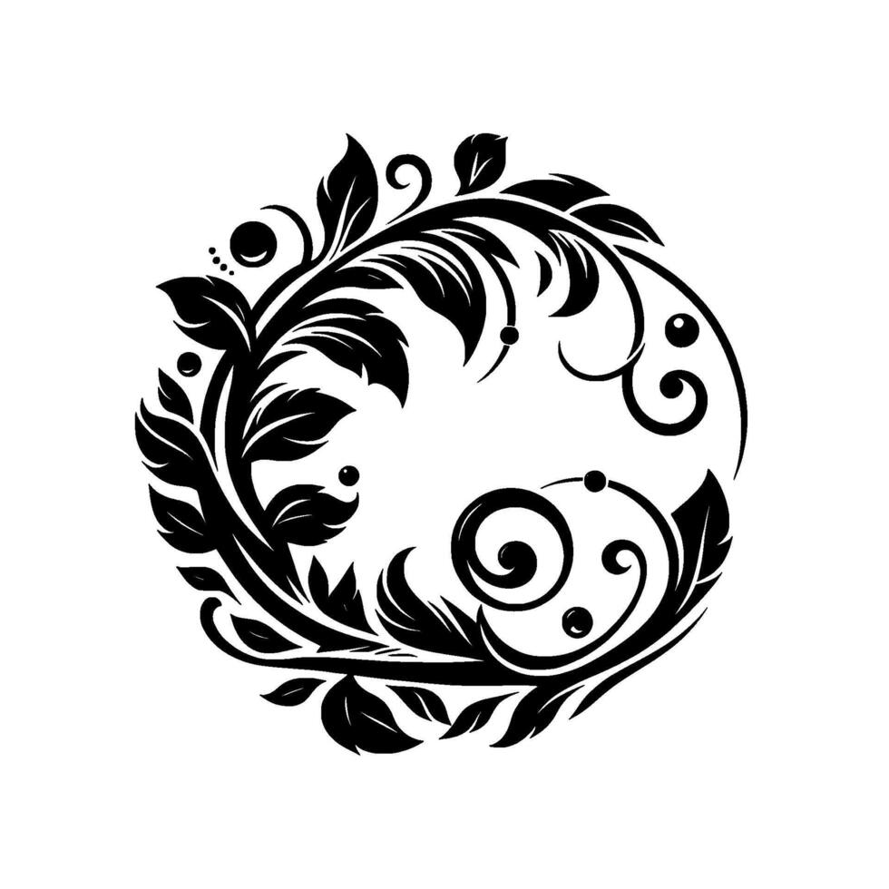 A symmetrical, circular black and white floral design, with stylized leaves, curls, and decorative dots, forming a classic, elegant motif. vector