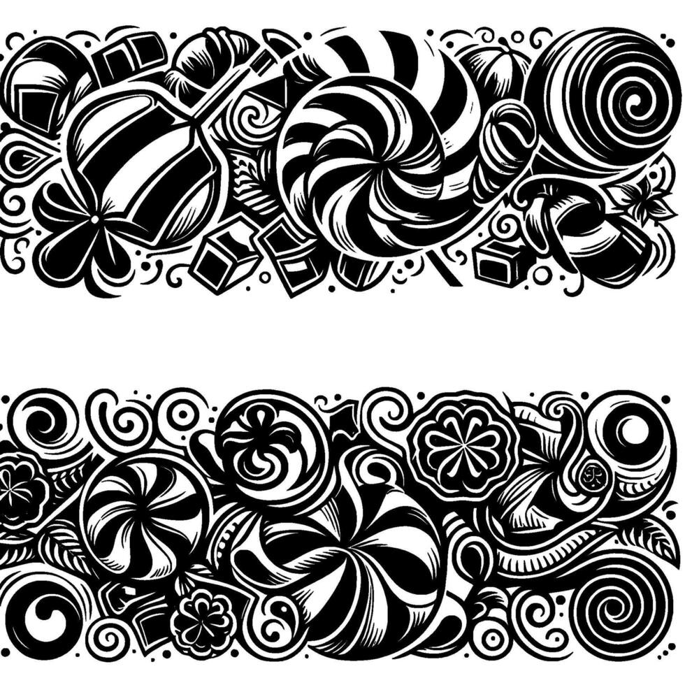 Artistic Black and White Candy Border Design Swirls, Lollipops, Chocolates, and Decorative Elements vector