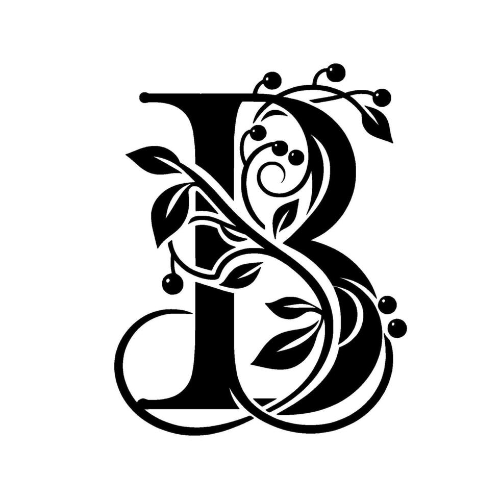 Intricate Black and White Floral Letter B Illustration, Embellished with Berries and Leafy Vines on a White Background. vector