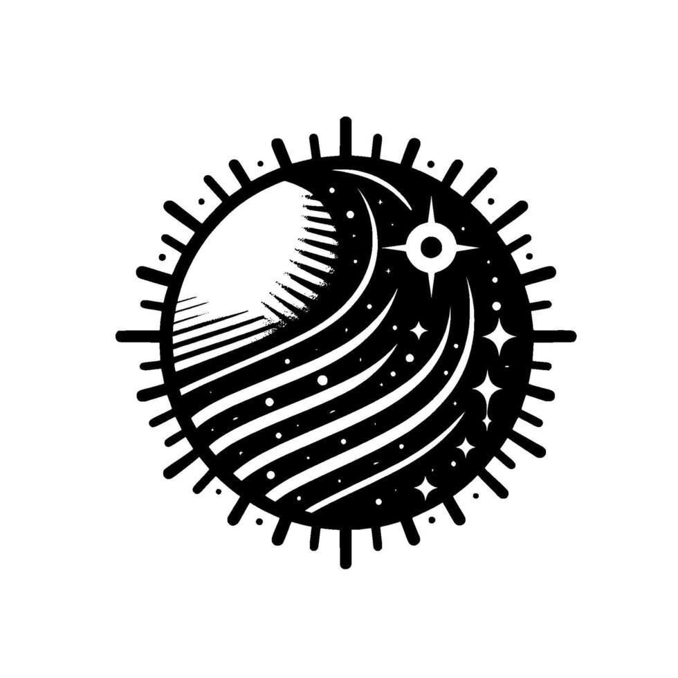 Black and white stylized cosmos featuring a bright halfsun and starry night, encircled by radial lines. vector