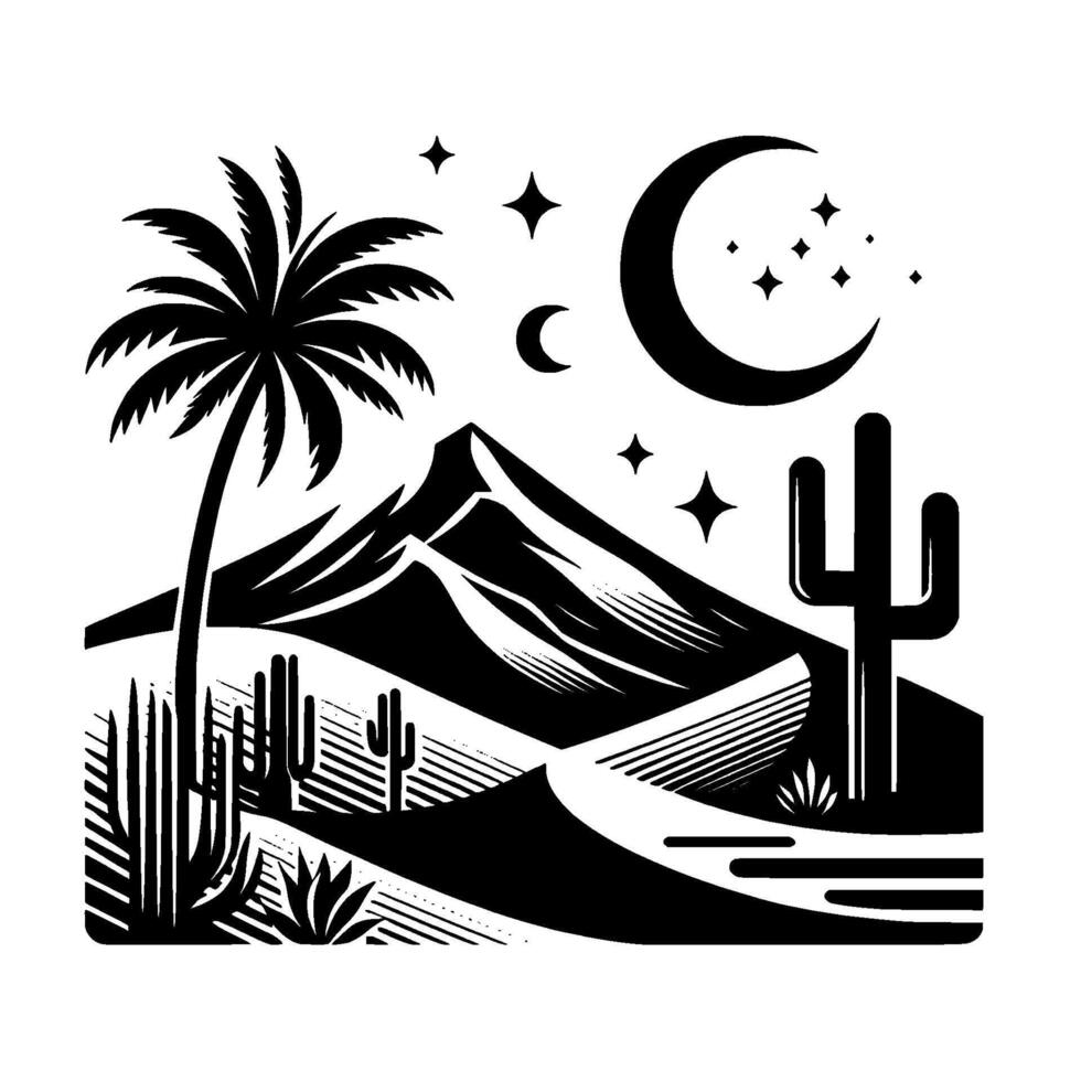 Black and White Desert Landscape Palm tree, cacti, mountains, crescent moons, and stars under a clear night sky. vector