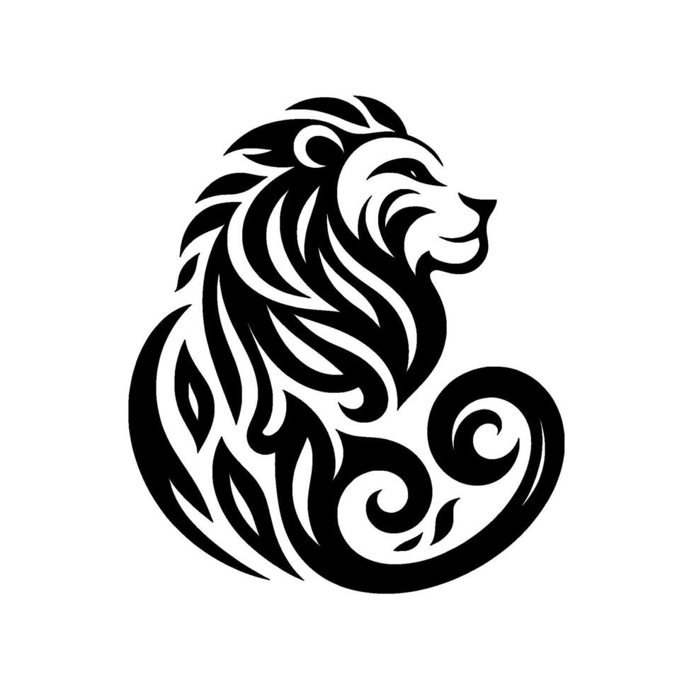 Black and White Tribal Lion Silhouette, Artistic Design, Elegant and Powerful Representation on White Background. vector