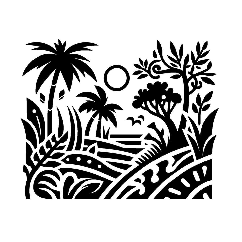 Black and white silhouette artwork of a tropical landscape featuring palm trees, vegetation, sun, birds, and stylized terrain on a white background. vector