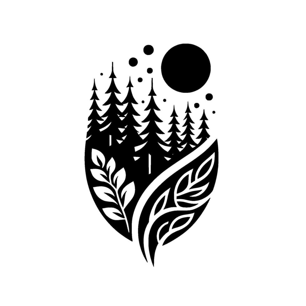 Black and White Silhouette Composition Pine Forest, Full Moon, and Leafy Designs Within a Decorative Oval Frame. vector