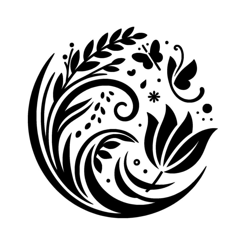 Intricate black and white circular featuring botanical elements like leaves, flowers, butterflies, and a swirling pattern, creating a harmonious floral arrangement. vector