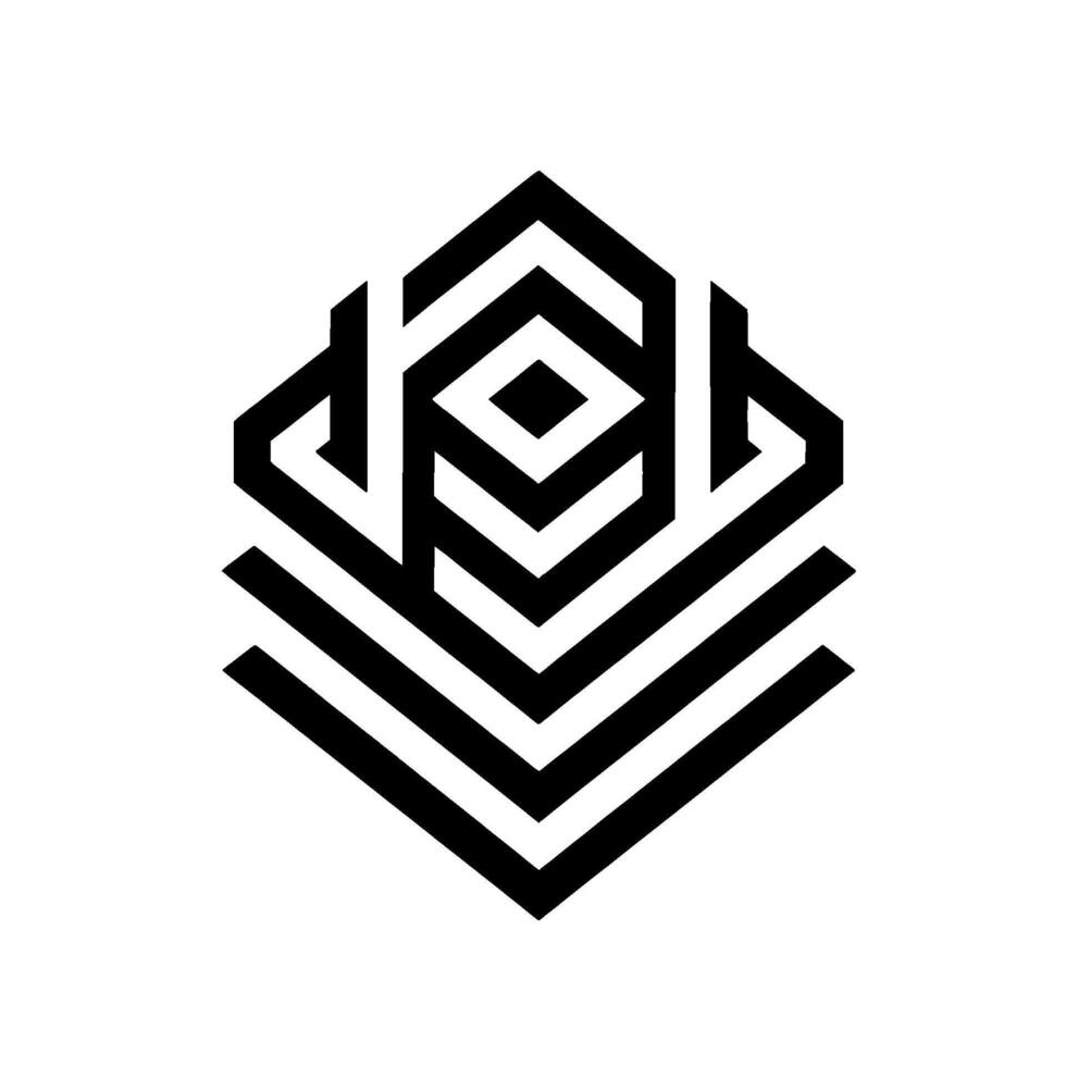 Abstract geometric with layered diamond and hexagonal shapes, bold black lines against white background, modern, symmetrical, art. vector