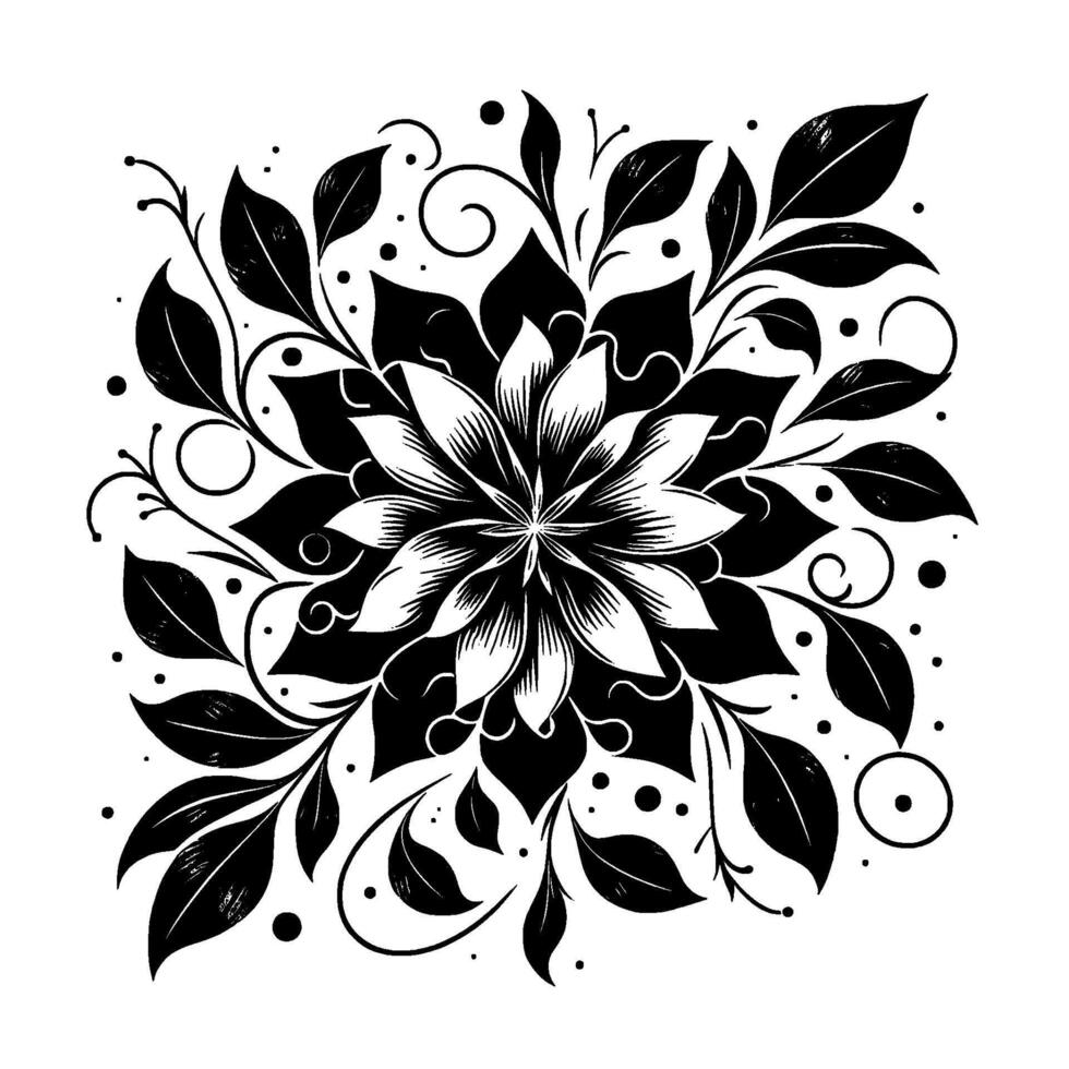 Symmetrical Black and White Floral Mandala with Grayscale Leaves, Swirls, and Dots on a White Background. vector