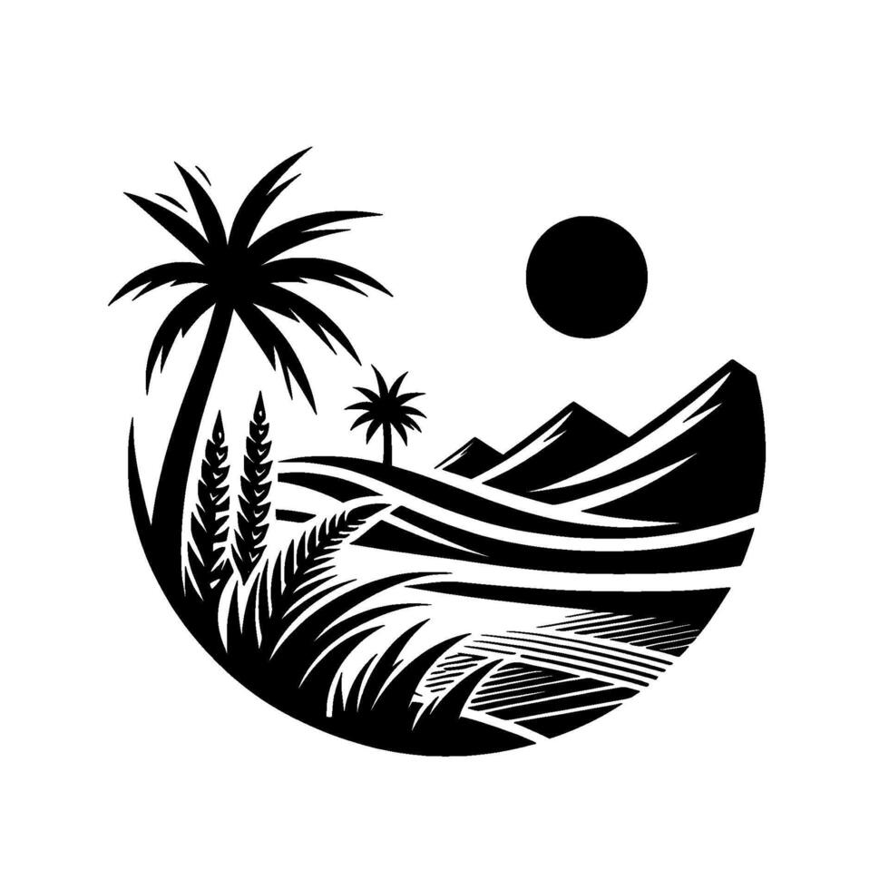 Black and white tropical landscape featuring palm trees, mountain range, sun, and stylized grass within a circular frame. vector