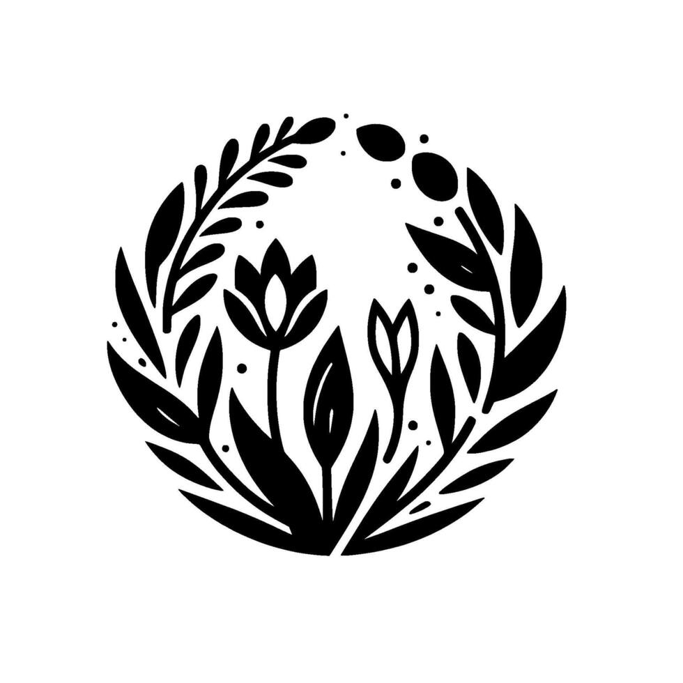 Bold Black and White Floral Medallion A minimalist featuring a stylized, circular arrangement of leaves, flowers, and dots, evoking natures elegance. vector