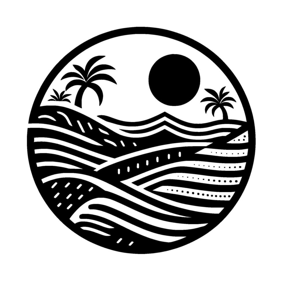 Black and White Circular Silhouette Palm Trees, Rolling Hills, and a Sun, Minimalist Landscape Design. vector