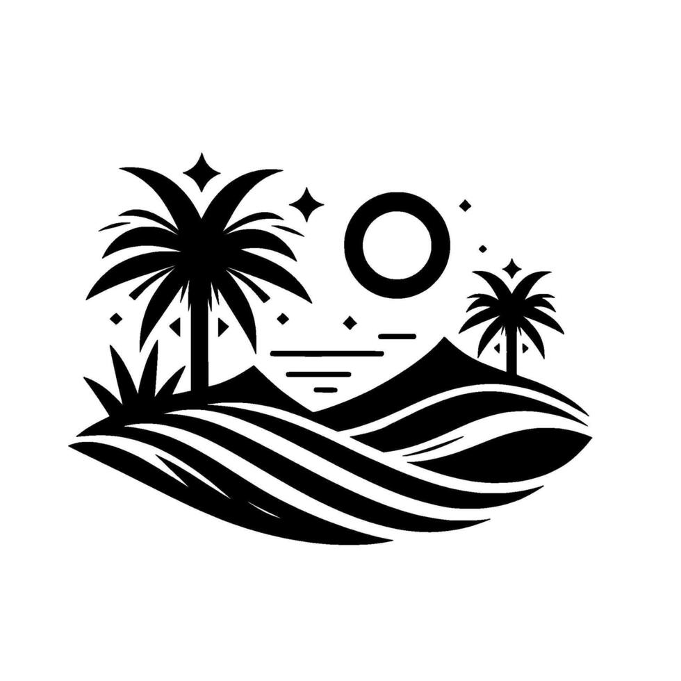 Monochrome Tropical Landscape Stylized silhouette featuring palm trees, mountains, the sun, ocean, and stars against a white backdrop. vector