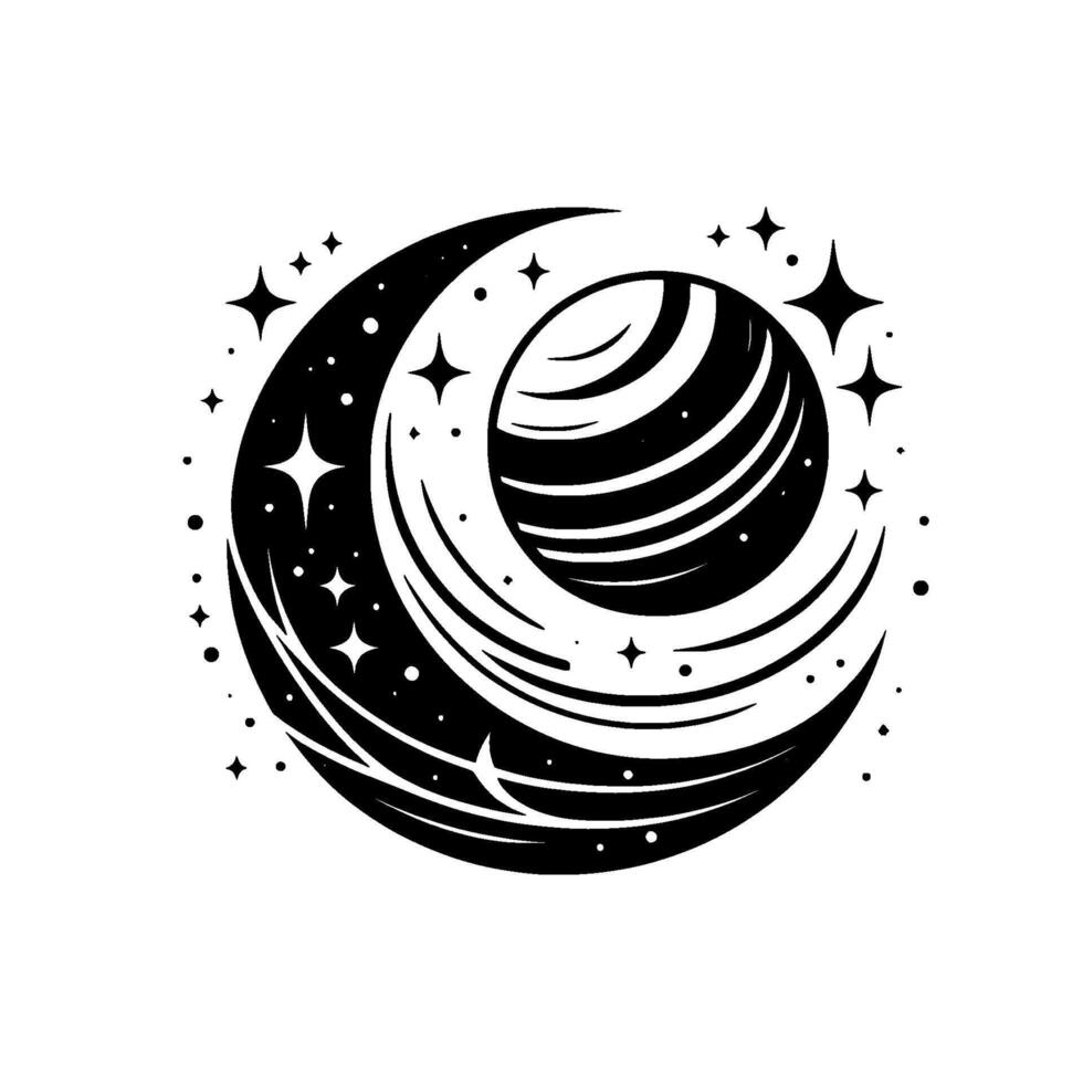 Stylized black and white illustration depicting a cosmic scene with a crescent moon, planets, and stars in a celestial arrangement. vector