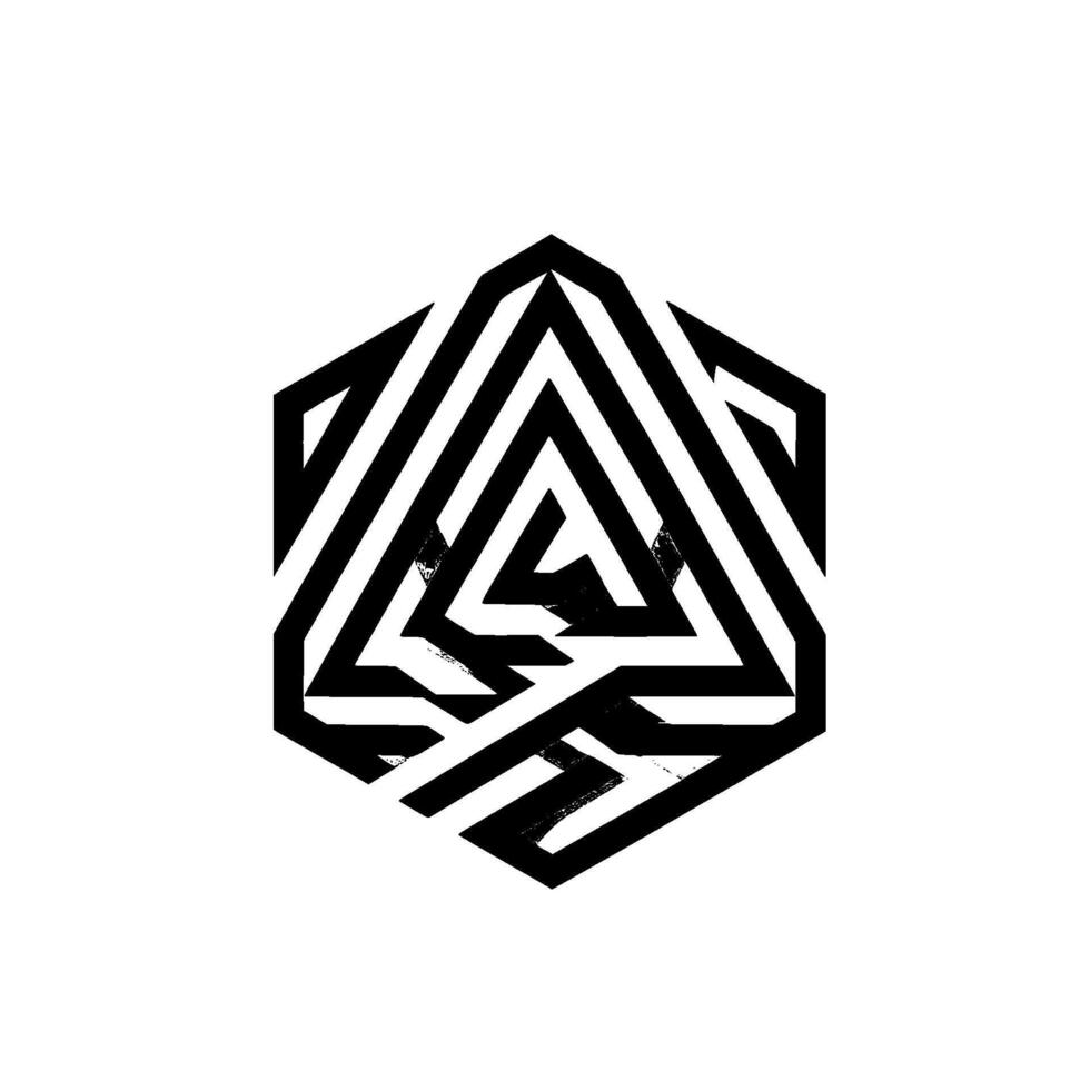 Bold, Black and White Geometric Hexagon with Striped Triangles Creating an Optical Illusion on a Clean White Background. vector