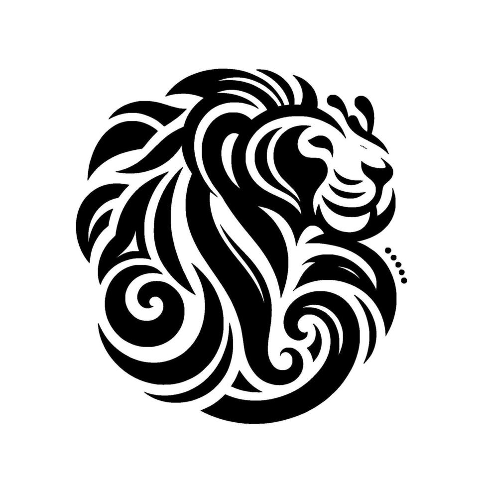 Ornate Black Lion Head with Stylized Mane and Detailed Facial Features on White Background, Resembling Tribal Art. vector
