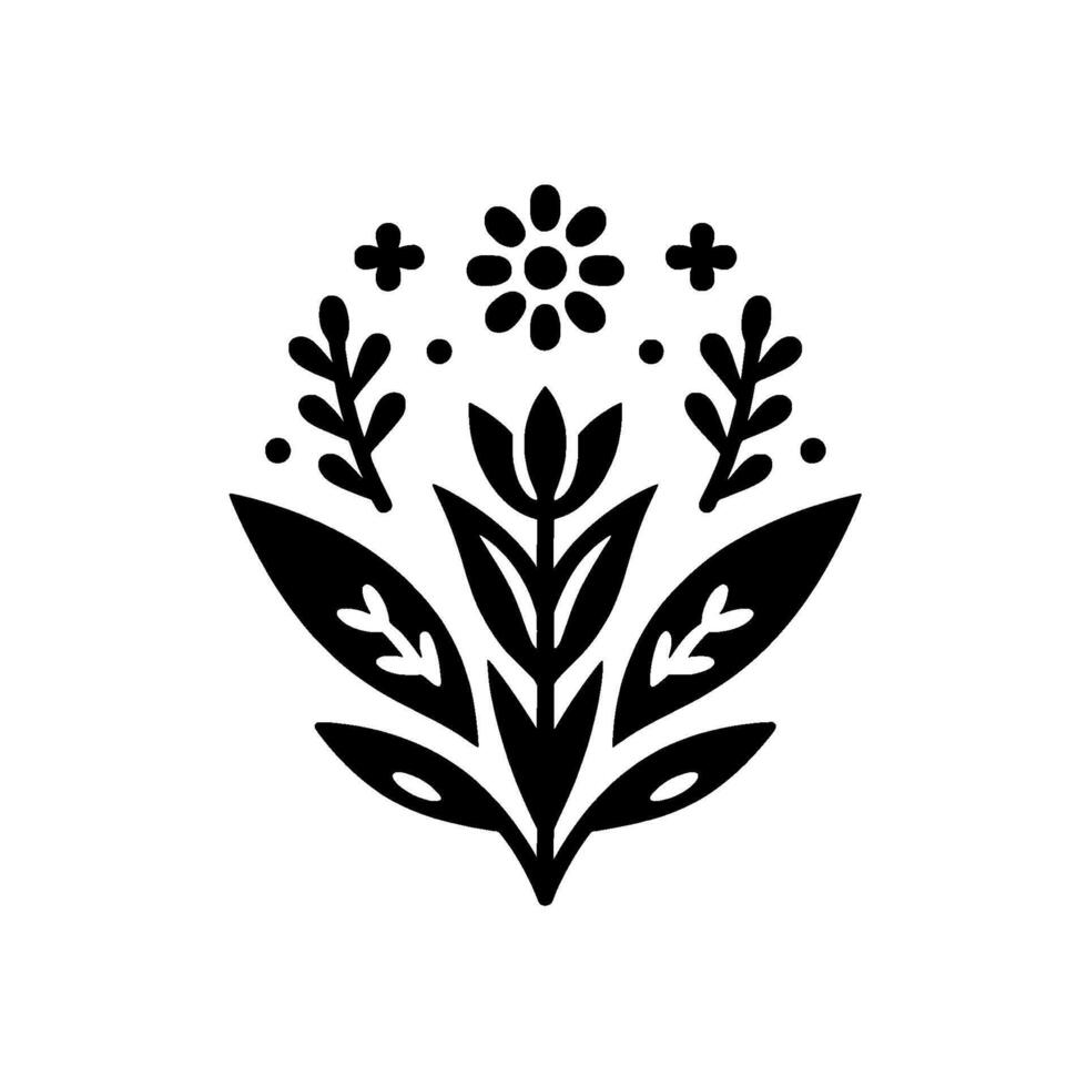 Bold black and white symmetrical floral with stylized leaves, a central tuliplike bloom, and various floral accents against a plain white background. vector