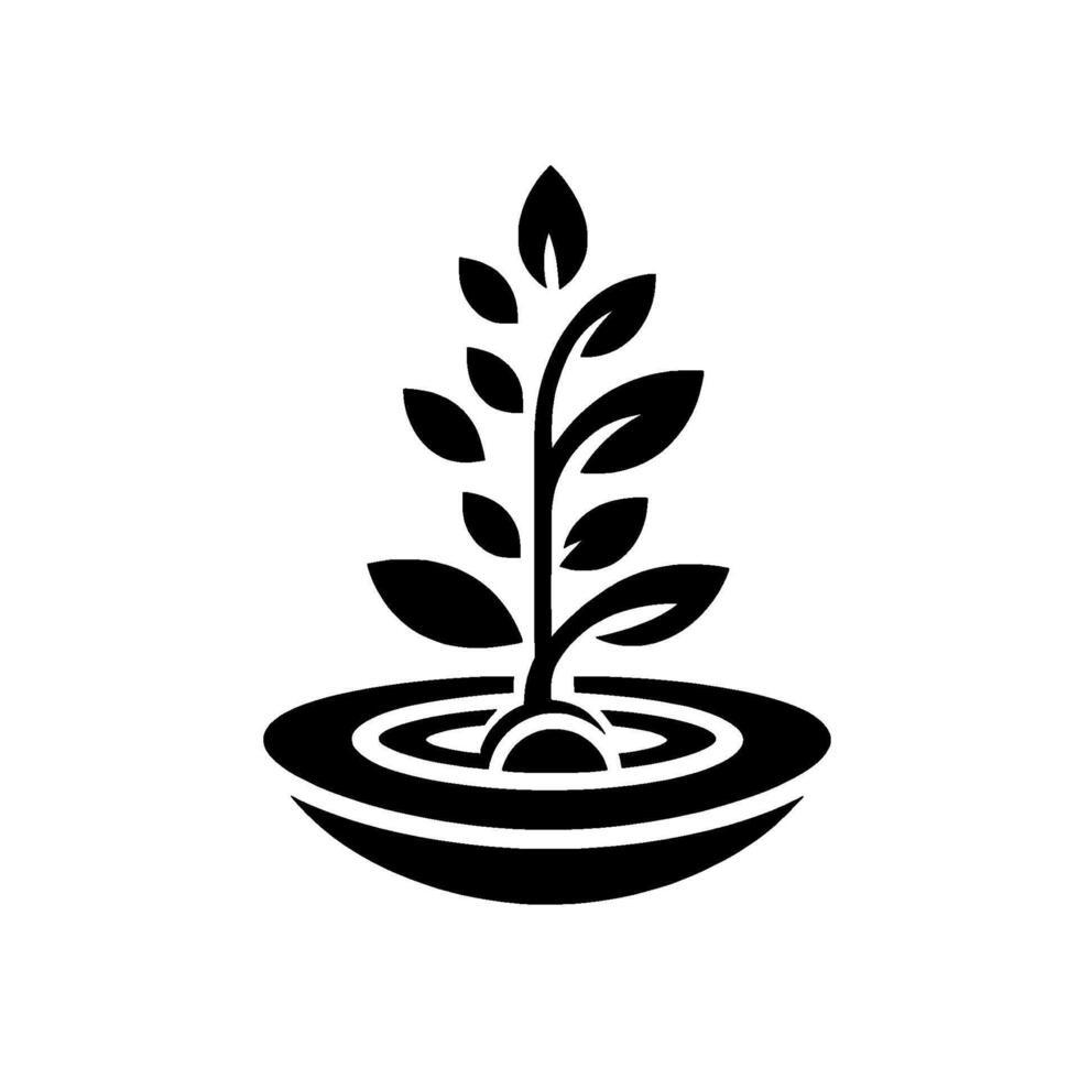 Stylized Black and White Illustration of a Sprout with Leaves Growing from a Circular Base, Symbolizing Growth vector