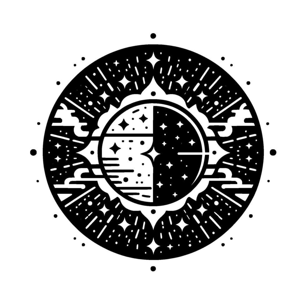 Intricate Celestial Emblem A Black and White MandalaStyle Illustration Depicting Day and Night Cycles, with stars and subtle cloud motifs. vector