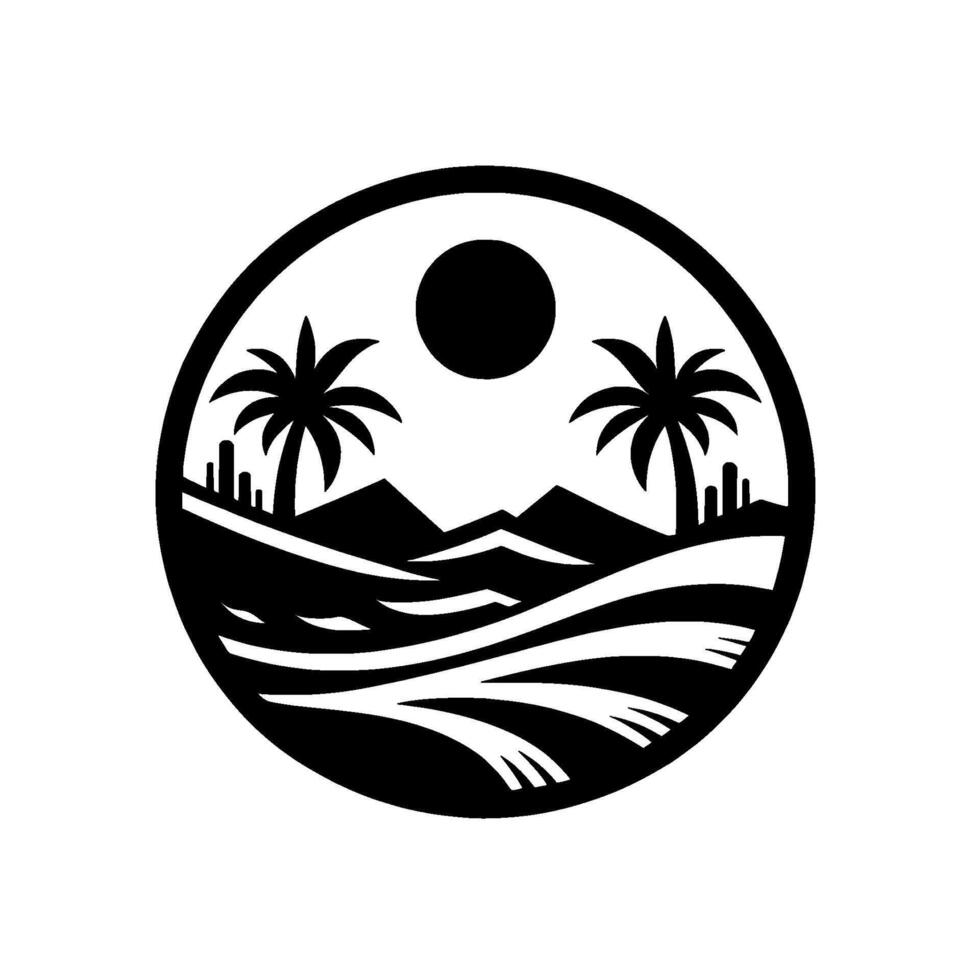 Black and white circular graphic Sun above palm trees and mountains in a stylized landscape, inside of a circle. vector