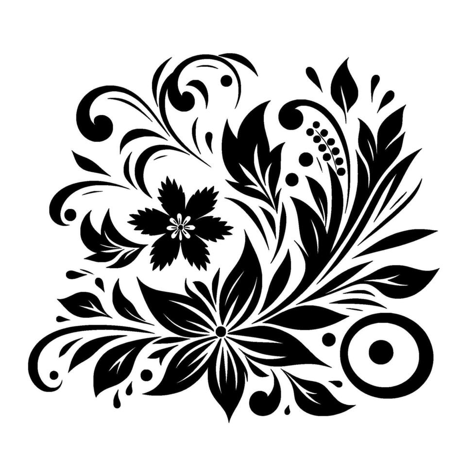 Intricate Black and White Floral Design Detailed Silhouette of Flowers, Leaves, and Swirls on a Clean White Background, Illustrating a Decorative Pattern. vector