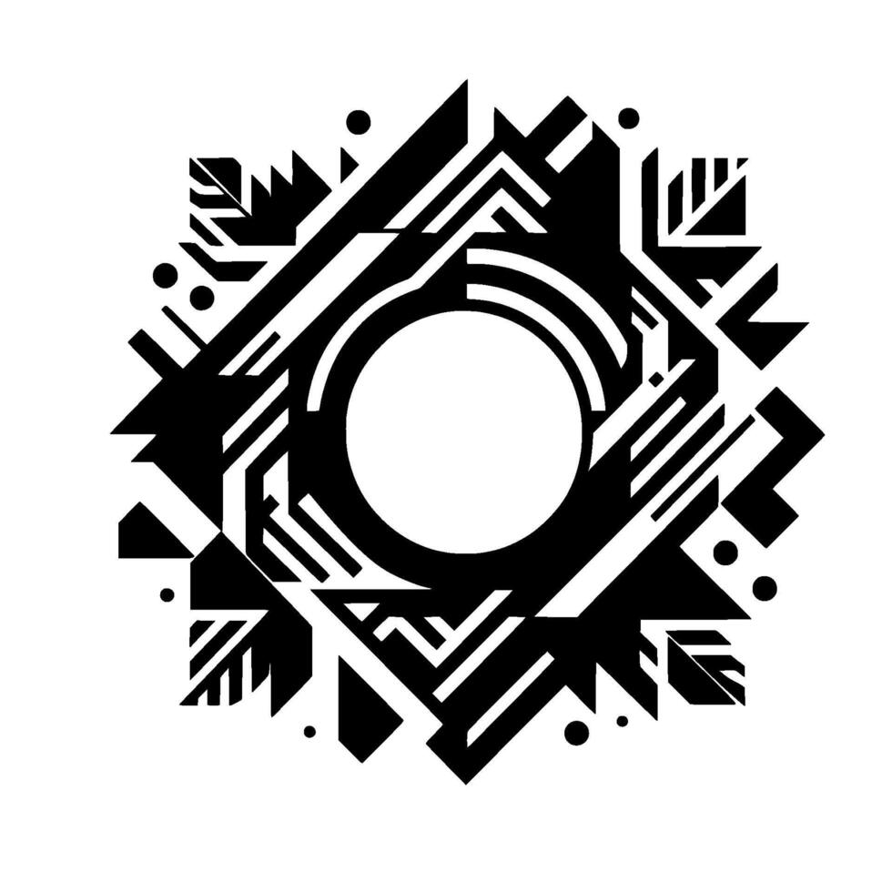 Abstract geometric mandala featuring a central circle and surrounding linear and angular shapes in black and white. vector