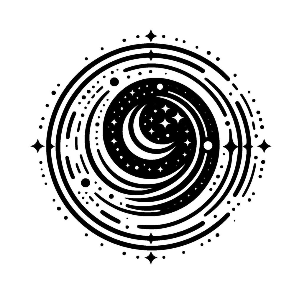 Celestial Mandala Crescent Moon and Stars within concentric circles, creating a cosmic black and white design. vector