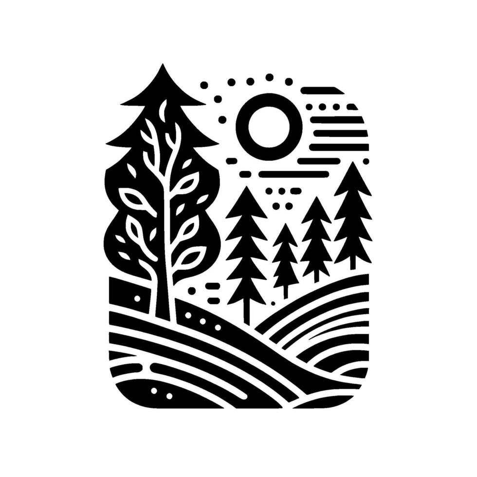 Monochromatic Landscape Trees, Sun, Rolling Hills, Geometric Arrangement in a Rectangular Frame. vector