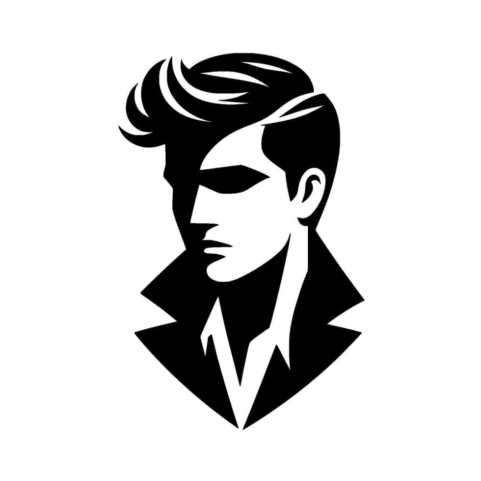 Black and white portrait of a retrostyled man with slicked back hair, sharp jawline, and a stylish coat, looking left. vector