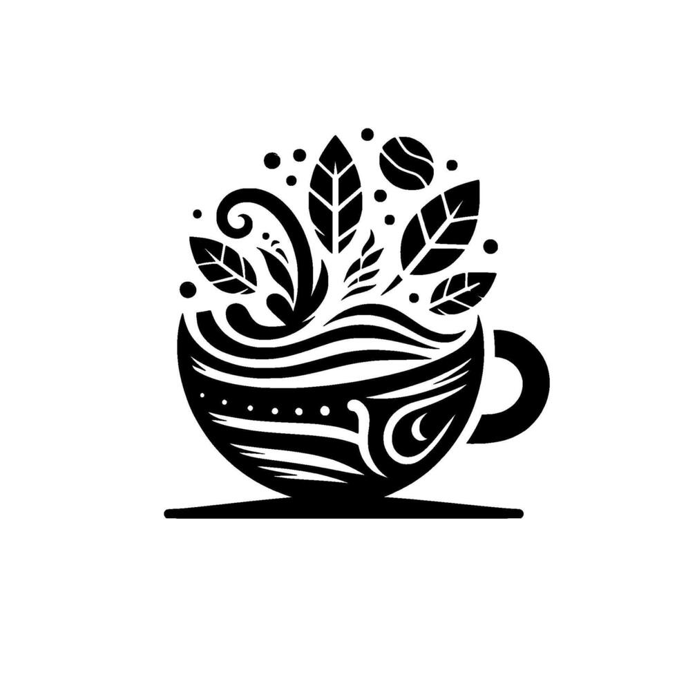 Monochromatic Coffee Cup Design Organic Composition with Leaves, Beans, and Swirling Waves vector