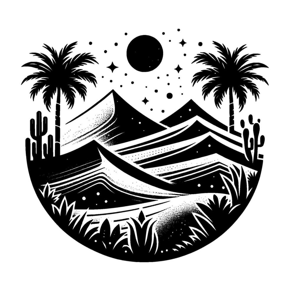 Intricate Black and White Desert Scene Crescent Composition with Mountains, Palm Trees, Cacti, Moon, and Stars. vector
