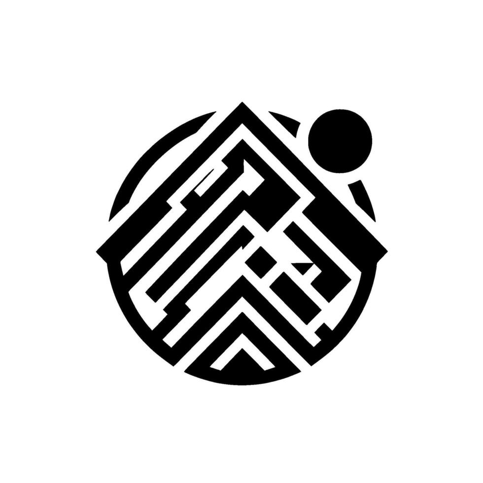 Modern Geometric Black and White Circular Featuring Mountainous Shapes and a Sun Symbol, Illustrative Art. vector