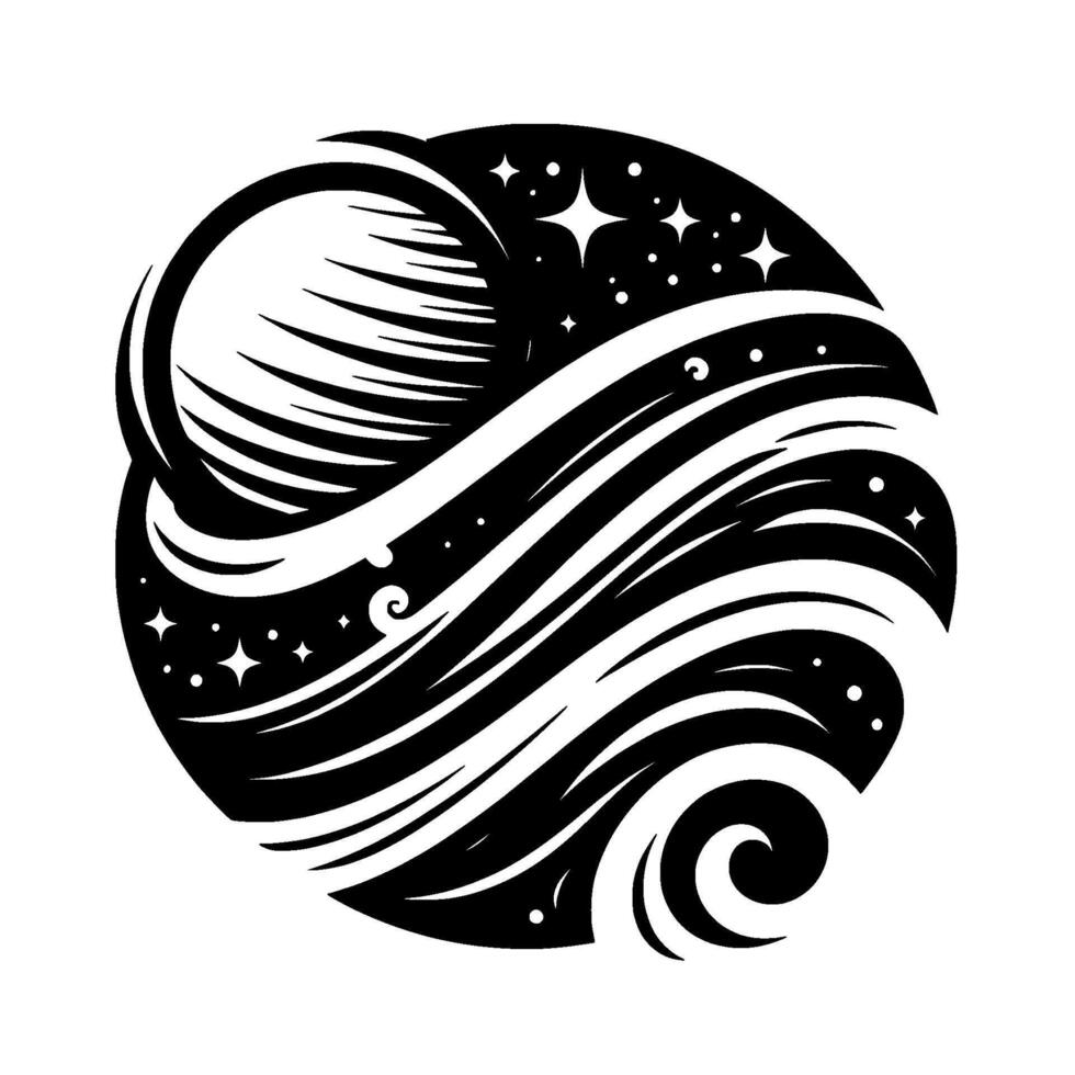 A stylized celestial design, a black and white illustration depicting a planet surrounded by cosmic waves, stars, and a swirling, ethereal ambiance. vector