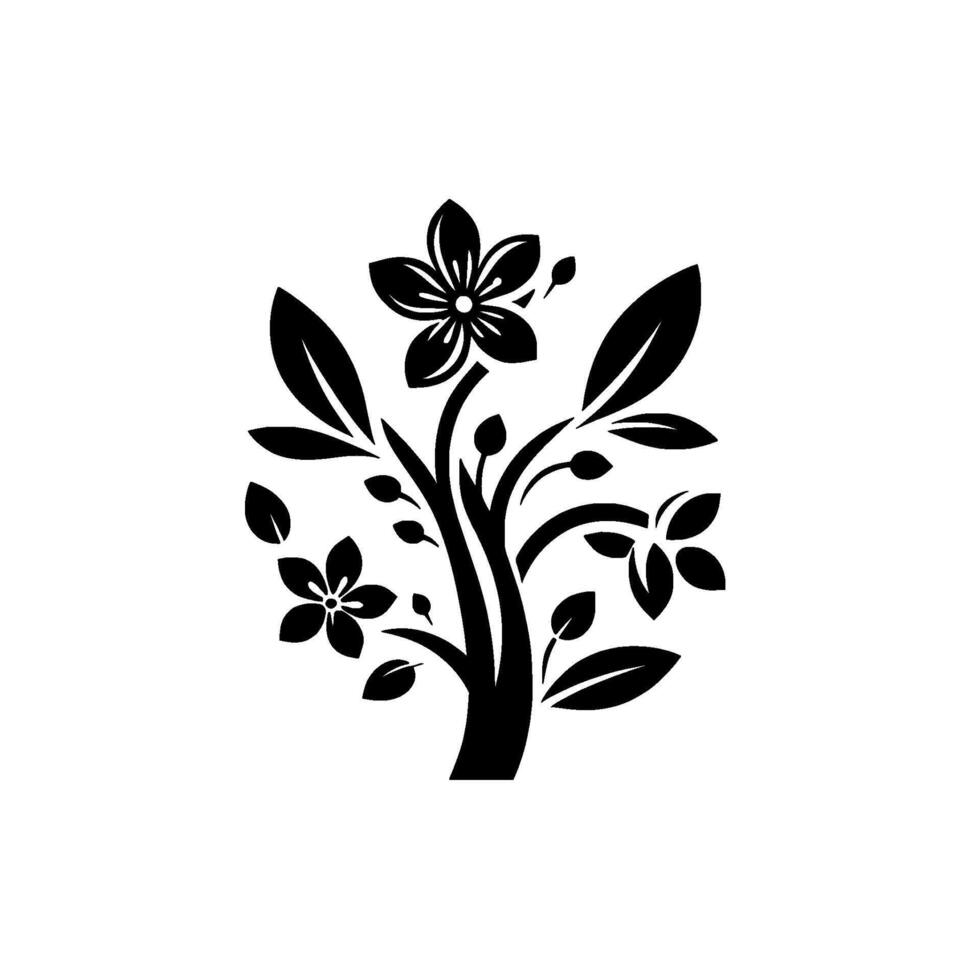Simplified Minimalist Botanical Illustration A Black and White Floral Tree with Blossoms and Leaves, Isolated on White. vector