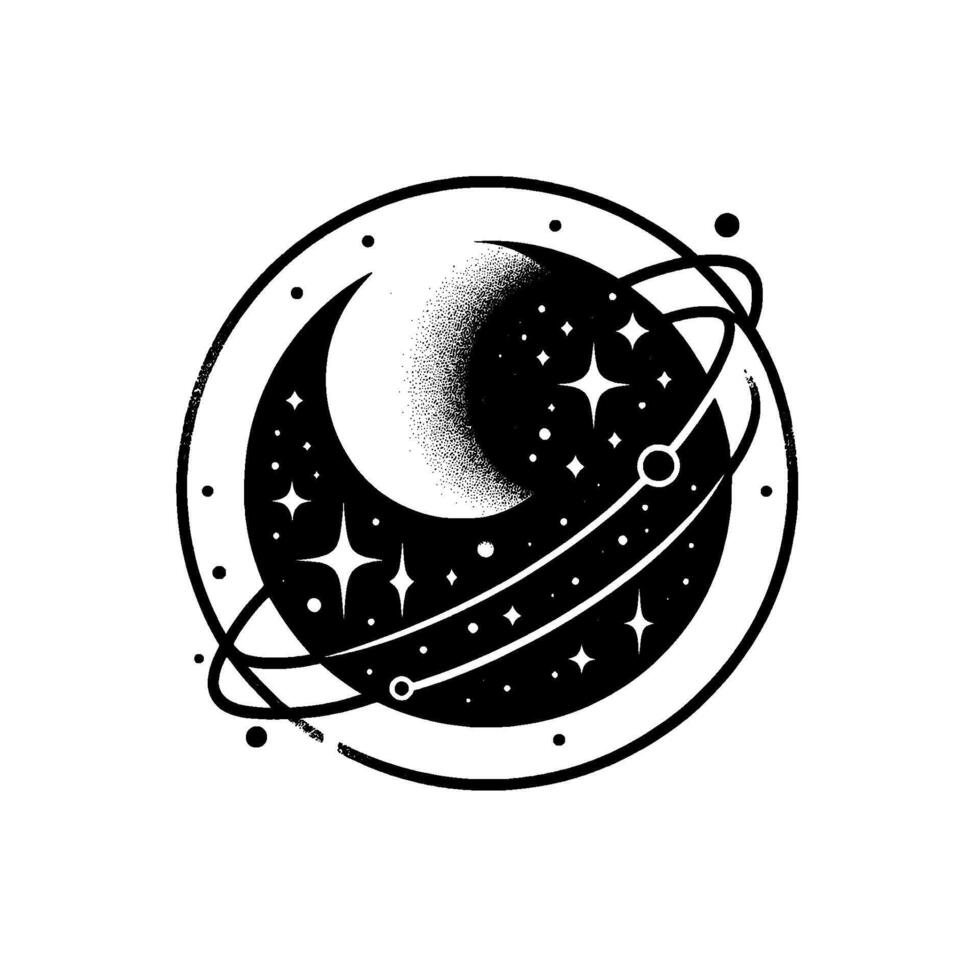 Stylized Black and White Celestial Globe Crescent Moon, Stars, Orbits, and Cosmos in Minimalist Design. vector