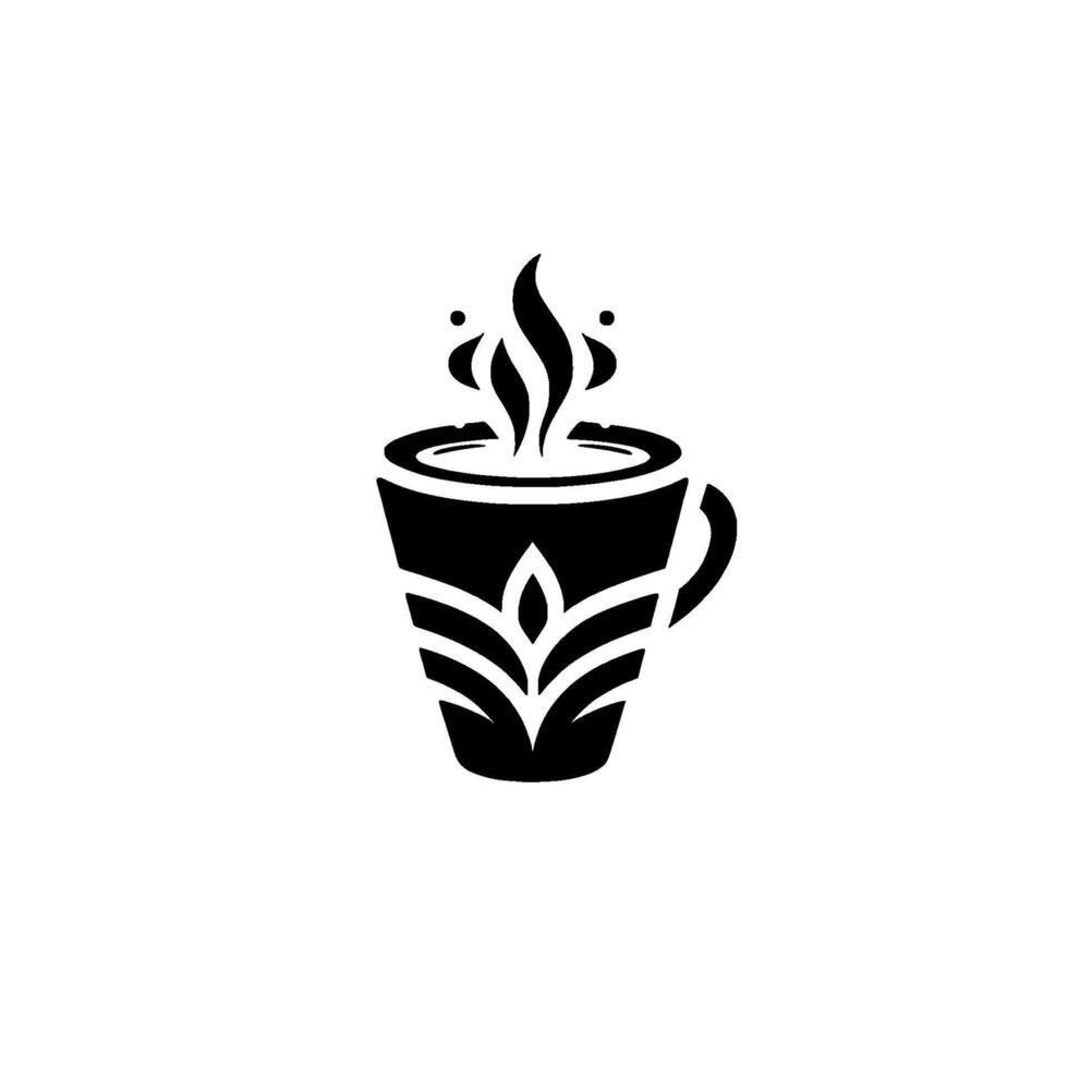 Stylized black coffee mug with floral and steam rising against a pristine white background. vector