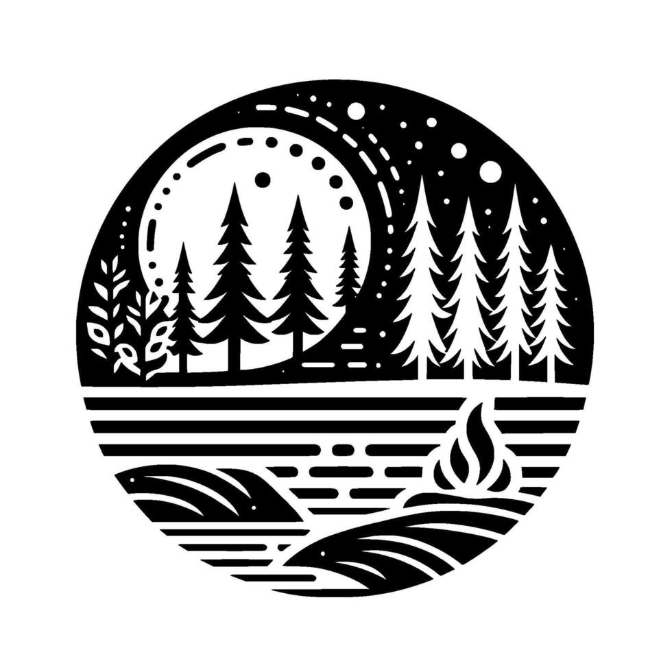 Stylized monochrome circular illustration of a serene forest landscape at night, featuring silhouette trees, a moon, a campfire, and rolling hills. vector