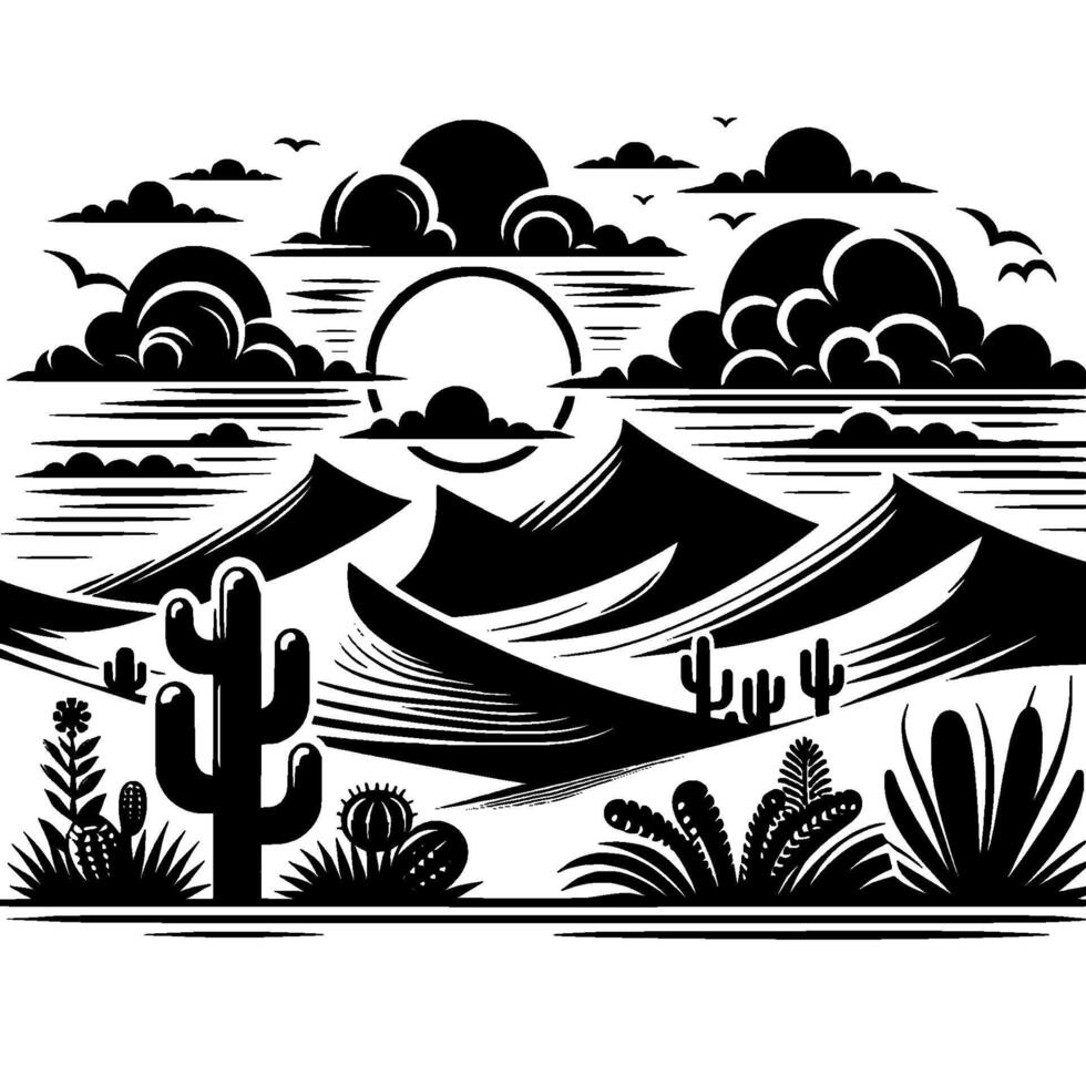 Black and White Desert Landscape Stylized Scene with Cacti, Mountains, Clouds, and Birds at Sunset. vector
