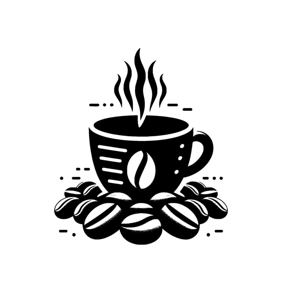 Minimalist Black and White Coffee Illustration Steaming Mug with Coffee Bean Embellishment Amidst Scattered Roasted Beans vector