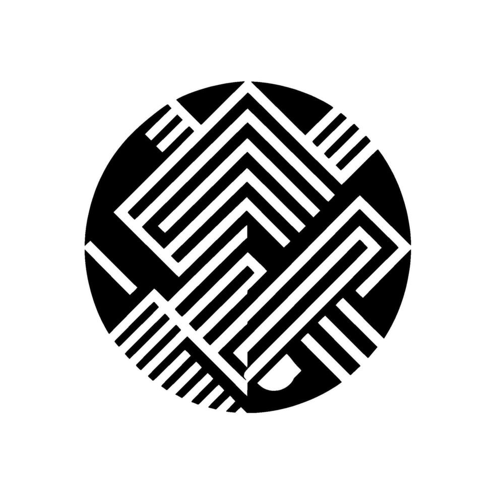 An abstract composed of geometric shapes, white lines forming intricate patterns within a black circle, set against a bright white background. vector