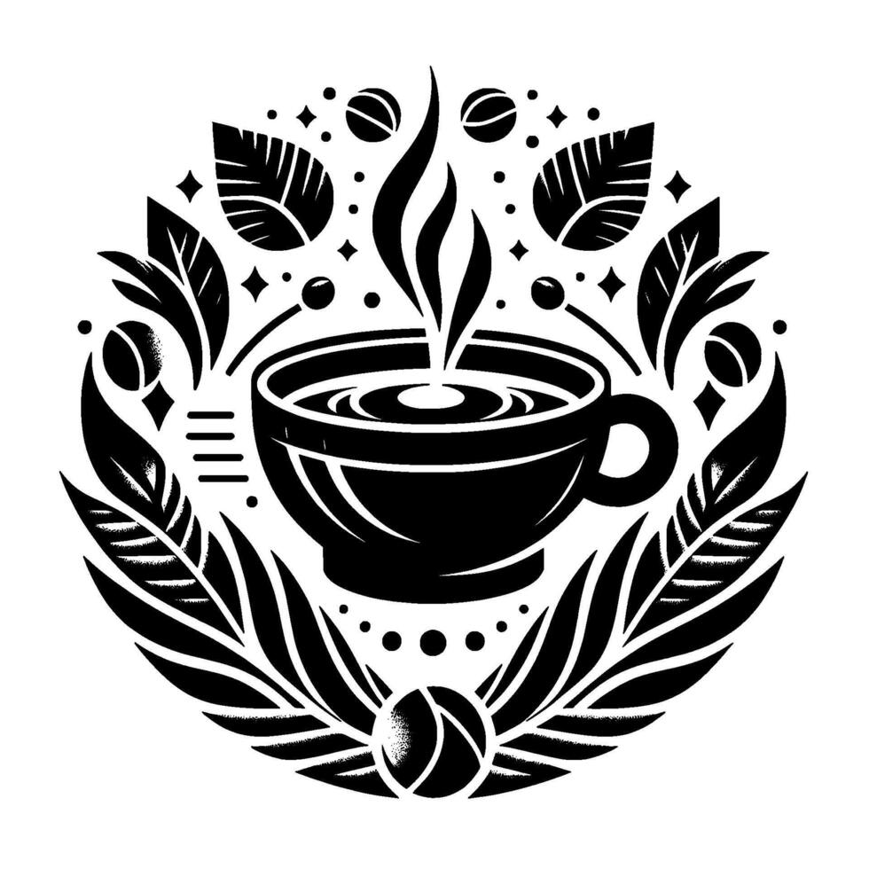 Black and white circular coffee emblem, featuring a steaming cup surrounded by coffee beans, leaves, and decorative elements, evoking warmth and comfort. vector