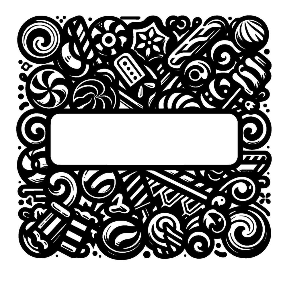 Whimsical Black White Candy Border Abstract Illustration with a Central Rectangle for Text, Playful Decorative. vector
