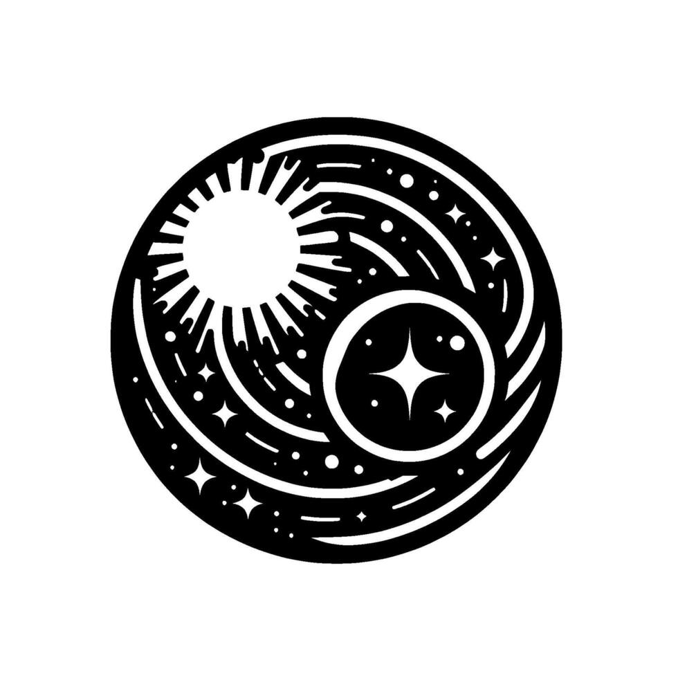 A celestial featuring a black and white circular depiction of the sun, stars, and an orbital cosmic elements. vector