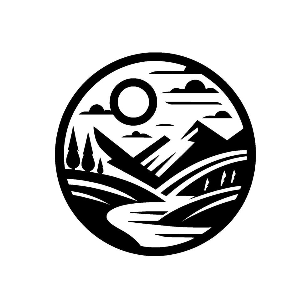 Minimalist circular with black stylized landscape, mountain peaks, river, trees, sun, clouds, and rolling hills on white. vector