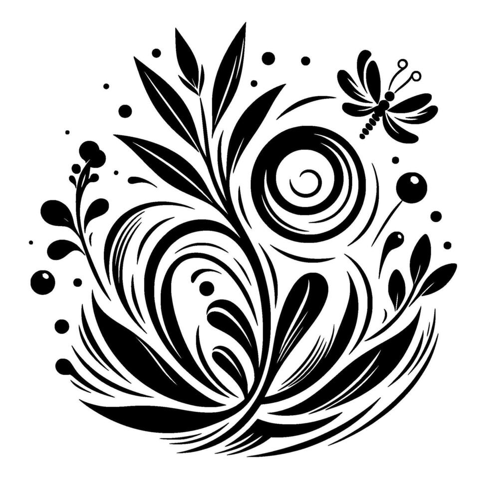Elegant Black and White Floral with Dragonfly, Swirls, and Leafy Accents on Clean White Background. vector