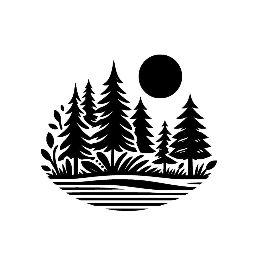 Silhouette of a serene forest landscape featuring pine trees, lush vegetation, and a full moon, set within a stylized, rounded frame, conveying tranquility. vector